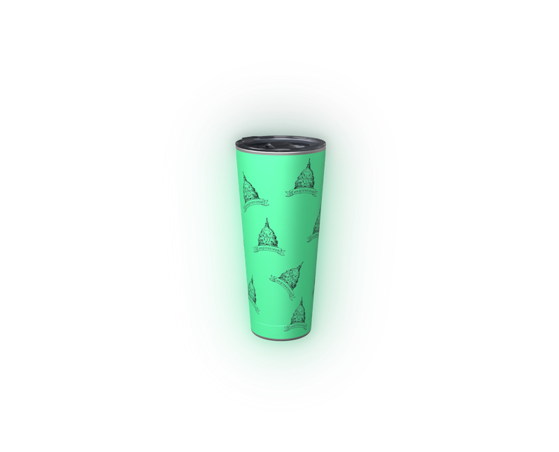 Existing green cup with repeating club icons