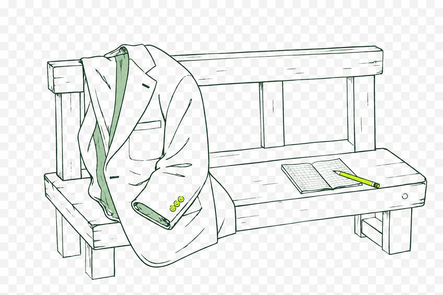 Light line drawing of a green jacket on a locker-room bench